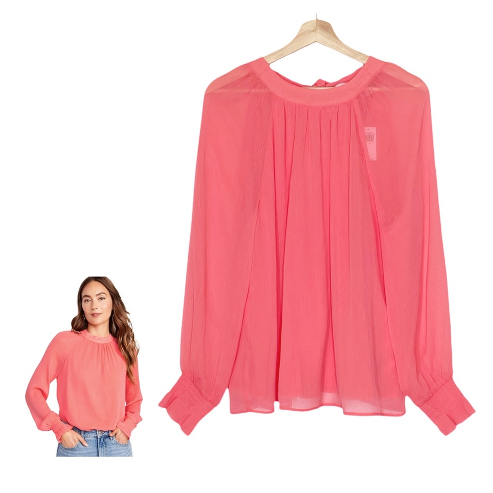 Old Navy Shirred Mock-Neck Tie-Back Blouse Long Sleeve Coral Size Medium NWT